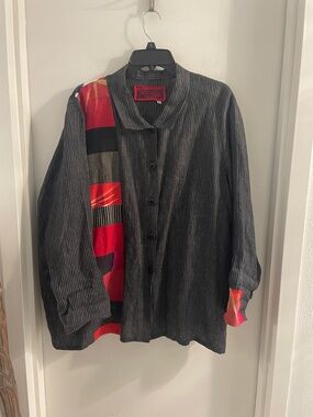 Farley Farley XL black & white linen stripe abstract trim l/S button up jacket